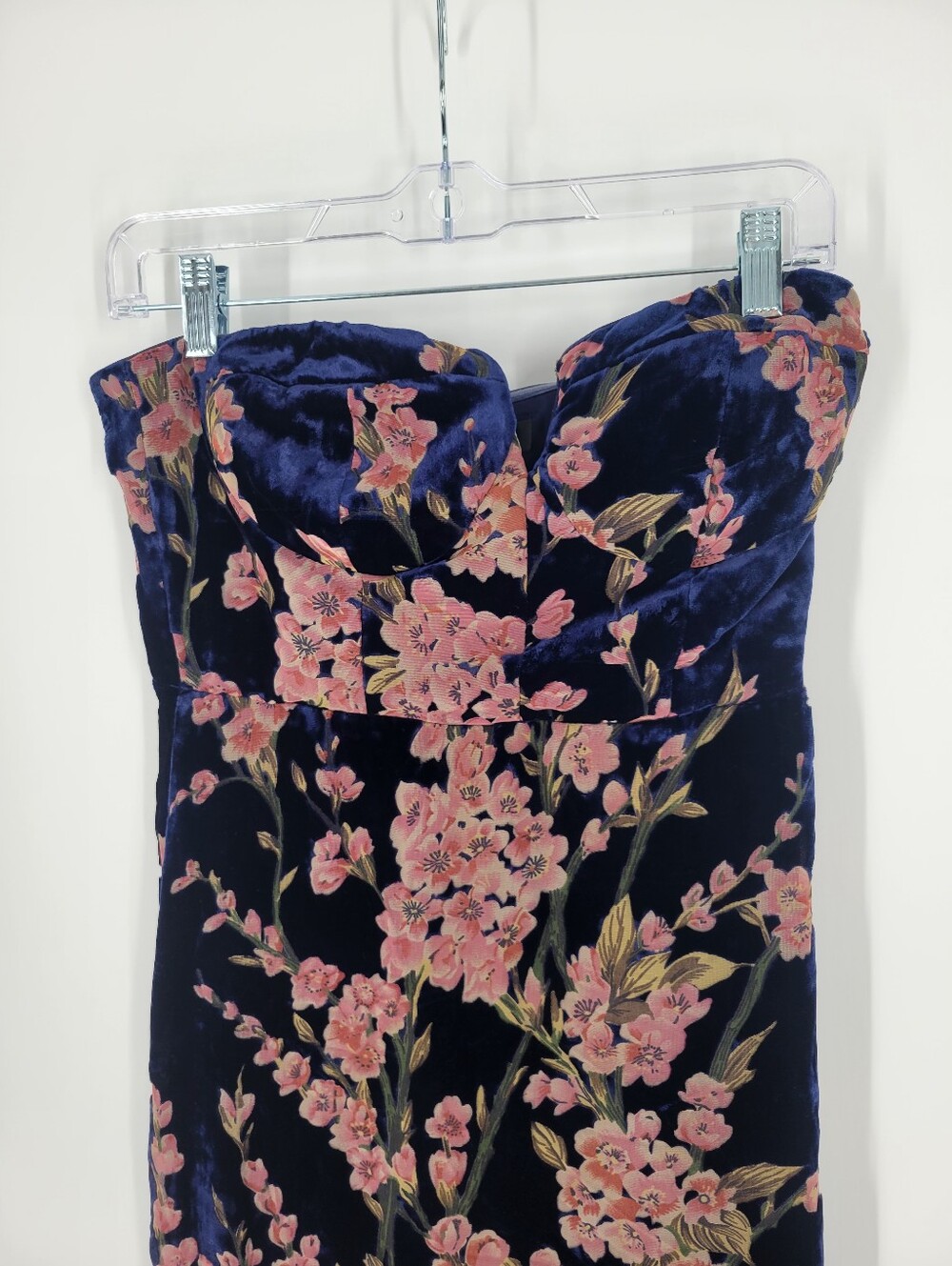 Lulus Bloom In Mind Navy Blue Floral Print Velvet Strapless Maxi Dress Small - Picture 4 of 4